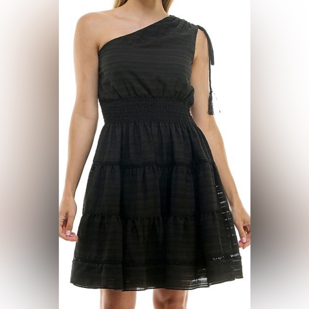 Black Mini Dress with a One Shoulder adjustable Neckline and Smocked Waistband.